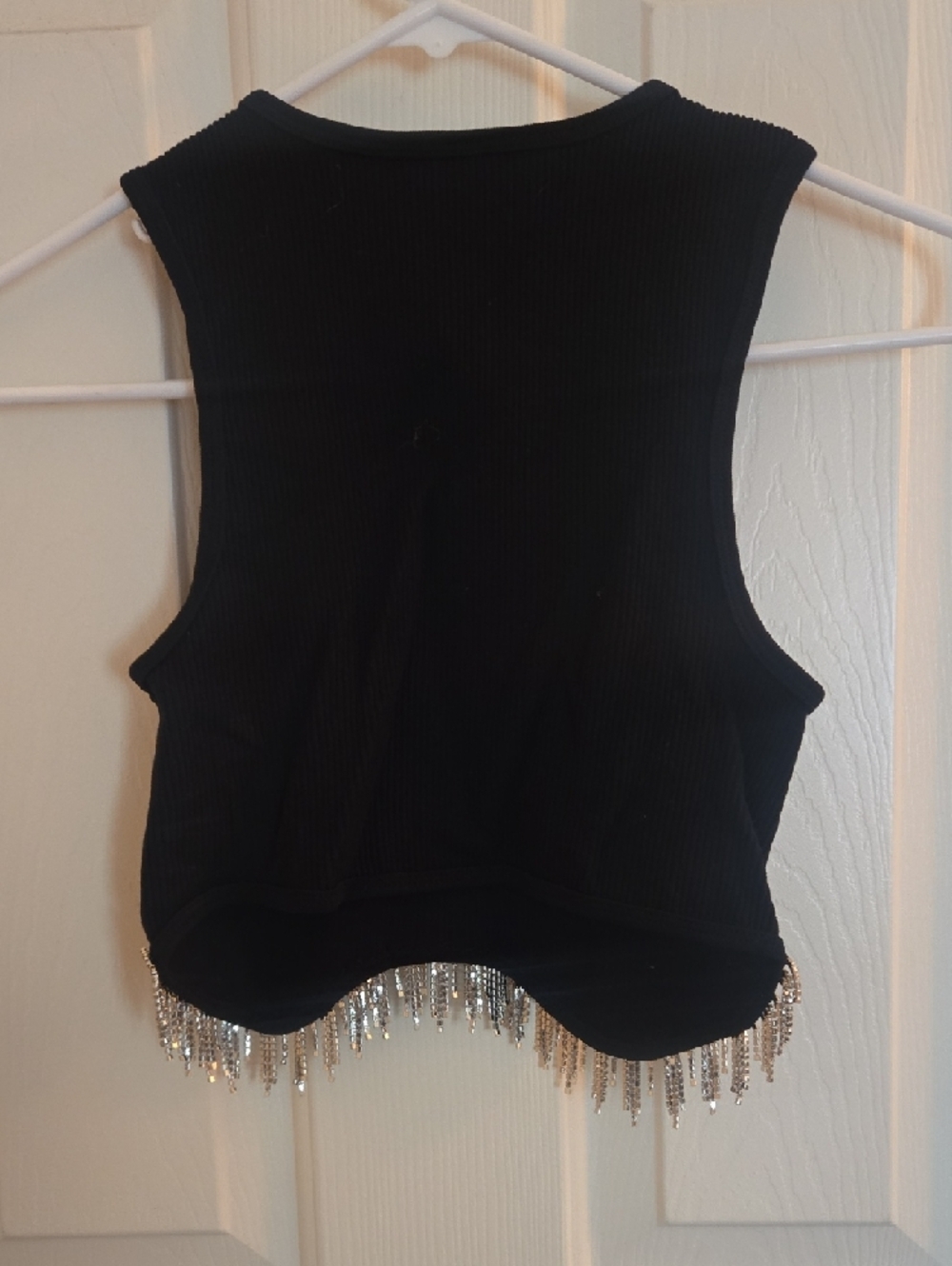 Black Ribbed Crop Tank with Rhinestone Fringe - Picture 4 of 4